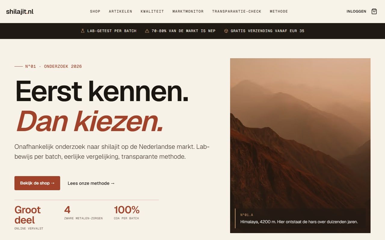 Schermafdruk van de homepage van shilajit.nl.
